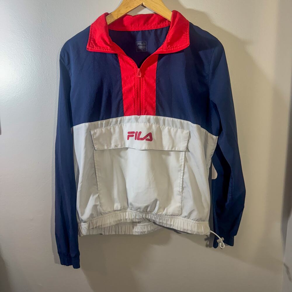 Vintage FILA Colorblock Anorak Windbreaker Big Logo Sleeve Navy Red Pullover M